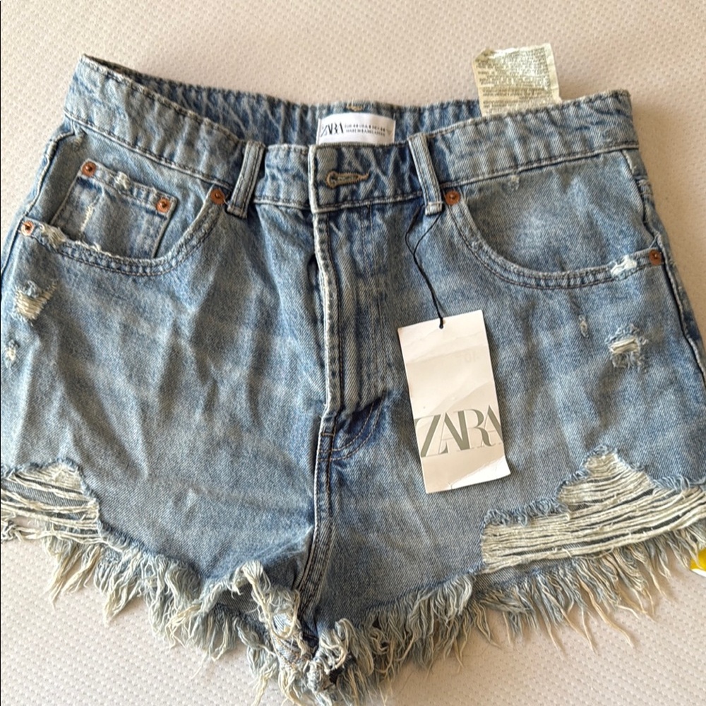 Zara Blue Jean Shorts Distressed Frayed Hem